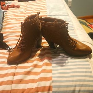 Women's Shoedazzle brown vinyl high heeled boots,  size 9.5.